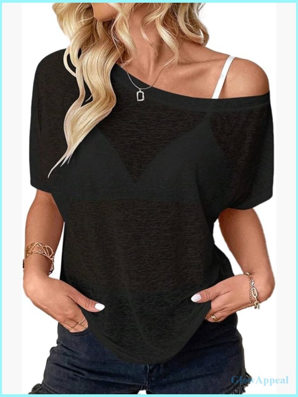 Sheer Off The Shoulder Top Mesh Short Sleeve Sexy Loose Fit Summer Blouse